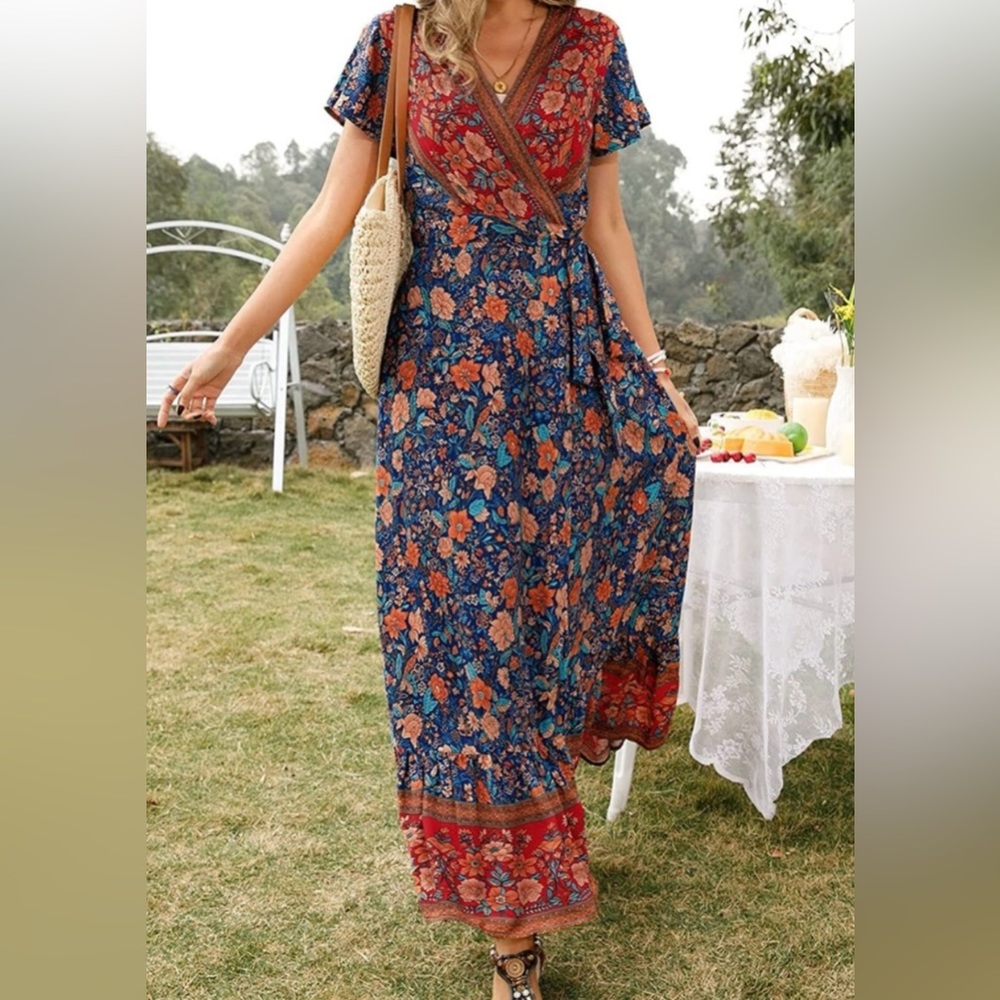 Bohemian Floral Wrap Maxi Dress - Navy & Rust